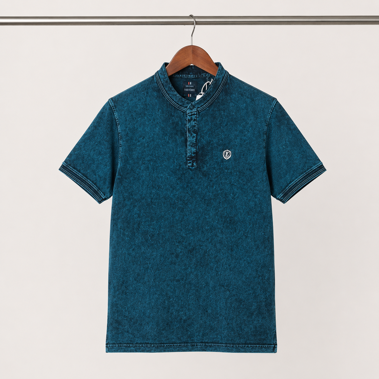 Men's Navy Blue Textured Mandarin Collar T-Shirt