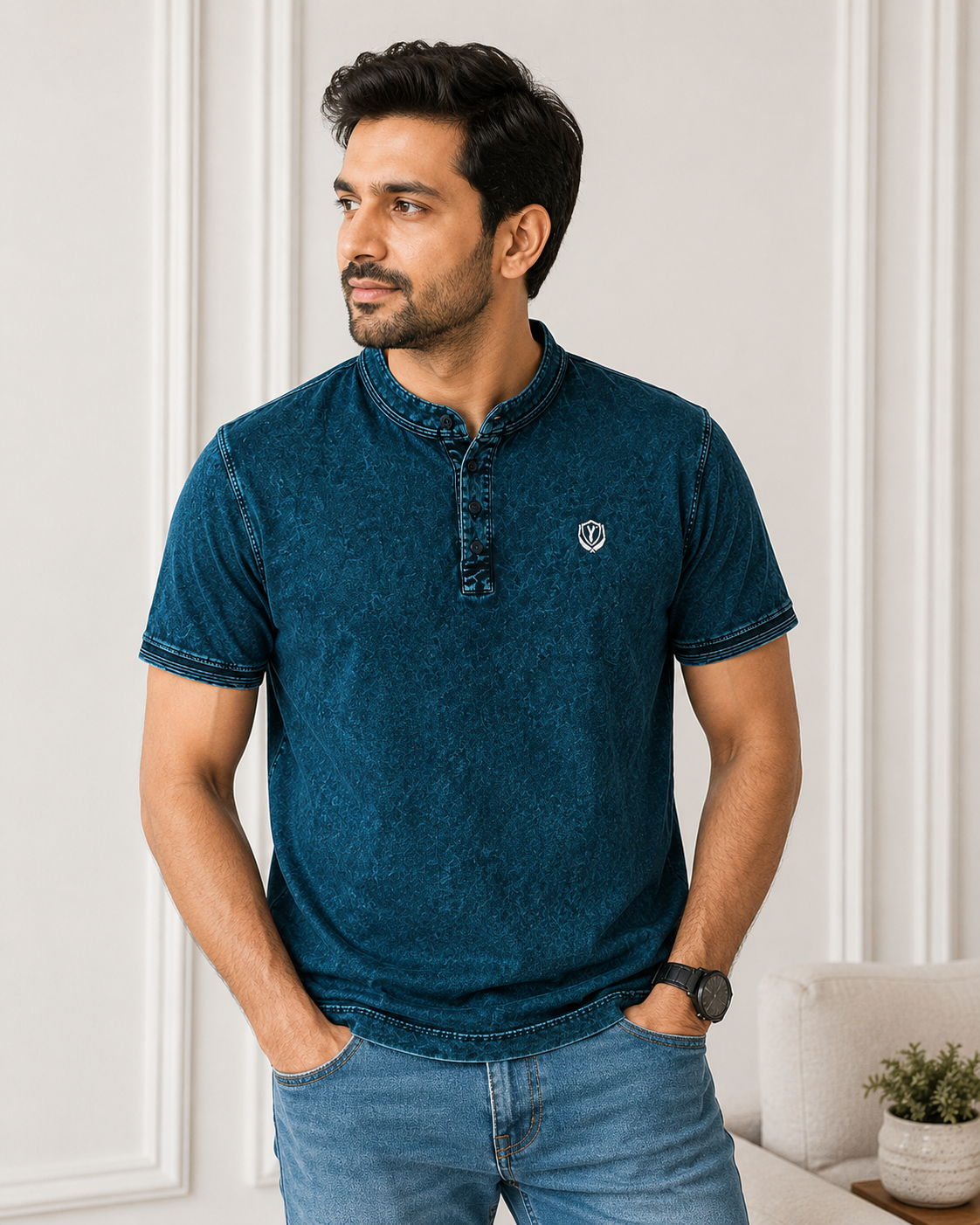 Men's Navy Blue Textured Mandarin Collar T-Shirt