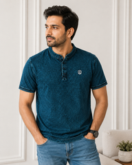 Men's Navy Blue Textured Mandarin Collar T-Shirt
